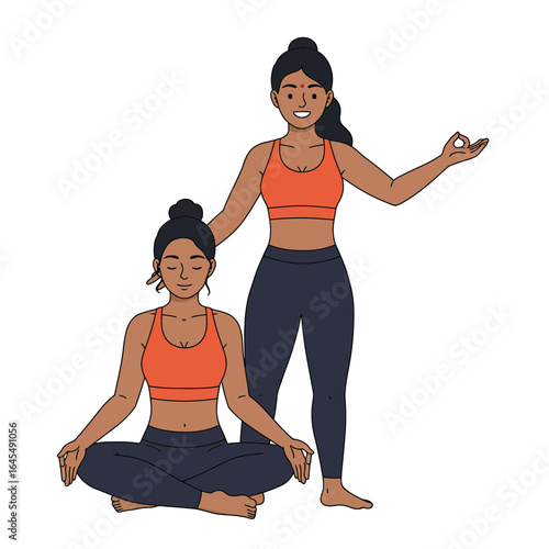  Serene Yoga Practice: Two women practicing yoga indoors. One woman is demonstrating yoga posture while the other sits in lotus position, evoking feelings of peace and tranquility.