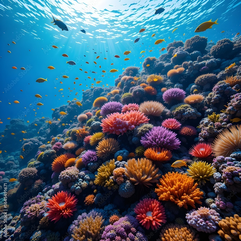 Obraz premium Vibrant Coral Reef with Colorful Fish and Underwater Plants for Marine Life and Nature Photography