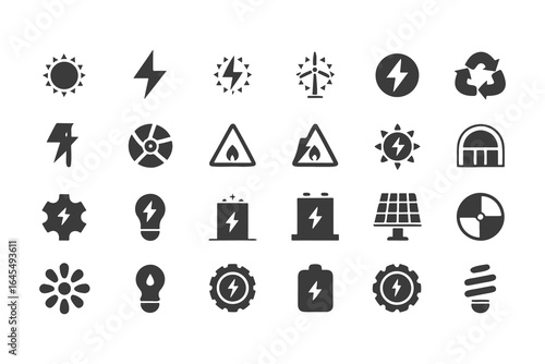 Energy and Electricity Icon Set. Vector Glyph Symbols for Power, Solar, Wind, Renewable Energy, Utilities, and Safety