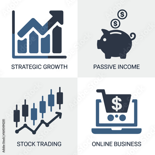 Illustrations depicting strategic growth, passive income, stock trading, and online business ventures