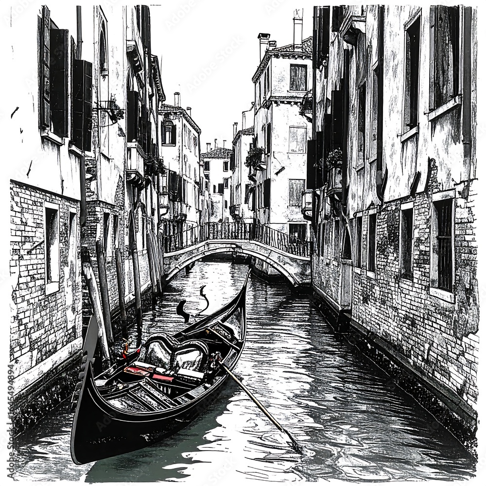 Fototapeta premium Gondola in a narrow, black and white Venetian canal, under a stone bridge