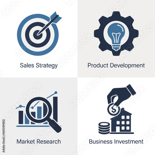 Illustration showcasing sales strategy, product development, market research, and business investment icons