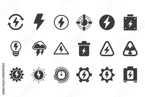 Energy and Electricity Icon Set. Vector Glyph Symbols for Power, Solar, Wind, Renewable Energy, Utilities, and Safety