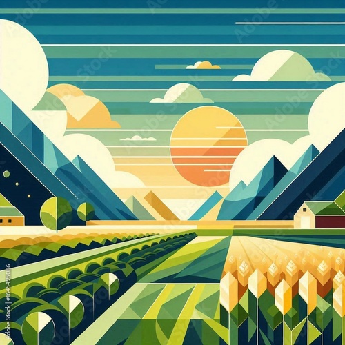 Green Geometric Field Tile Artwork. AI generated illustration
