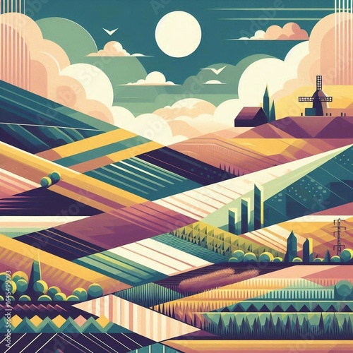 Trianglify green fields in boho abstraction. AI generated illustration