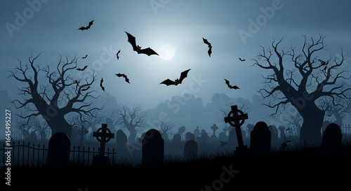 abstract silhouette of graveyard under foggy night sky, bats flying, distant moon glow, cinematic halloween horror background