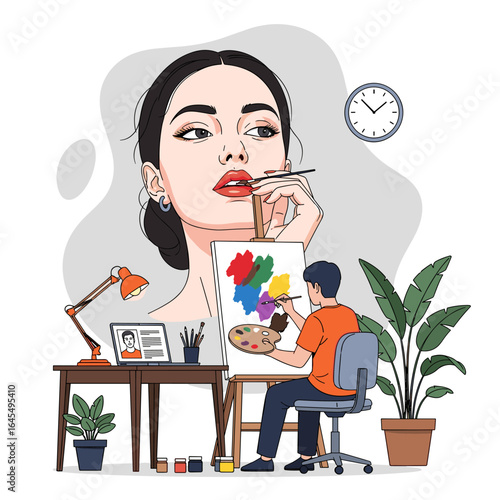 Man artist painting female portrait illustration at desk