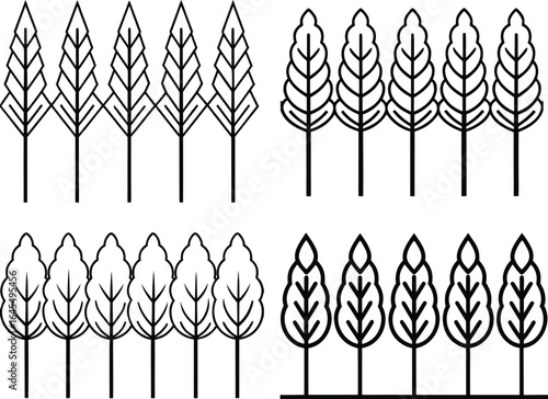Row of identical perfectly symmetrical trees silhouette.