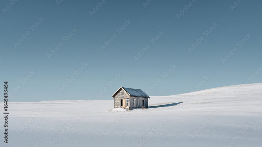Fototapeta premium Isolated small house in a serene snowy field creating a cozy atmosphere in a winter landscape