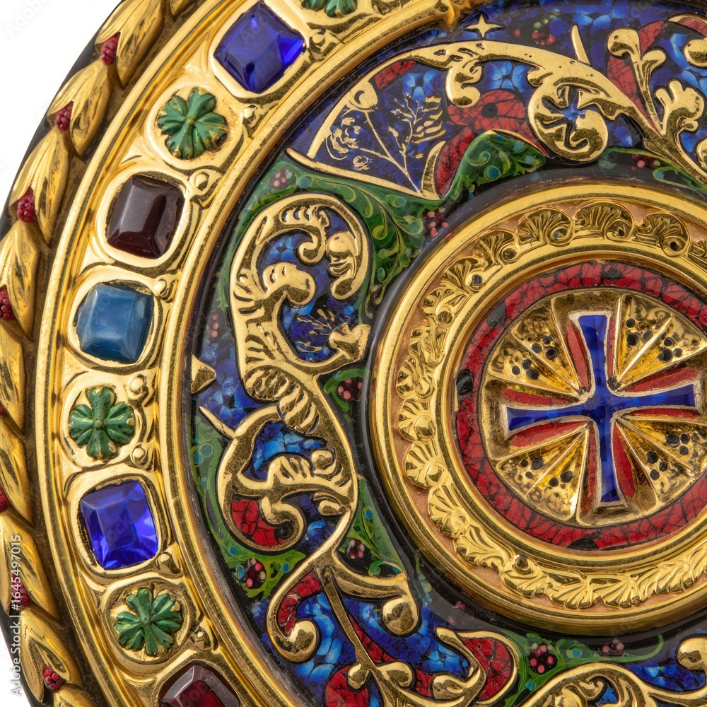 Fototapeta premium Ornate Gold and Gemstone Cross with Intricate Enamel Detail