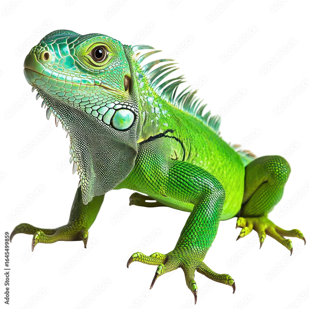 Fototapeta premium Vibrant Green Iguana Reptile Closeup Profile View Black Background, isolated on a transparent background