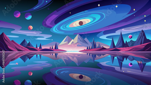 A painting of a galaxy with a large blue planet in the center. The sky is purple and the mountains are pink
