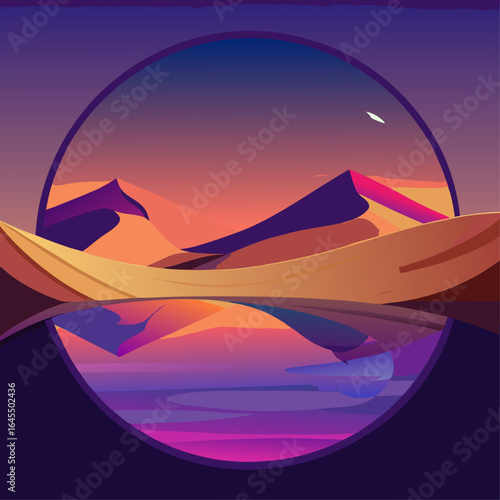 A beautiful landscape with a large orange sun in the sky. The sun is reflected in the water of a lake. The sky is filled with clouds and the mountains in the background are purple