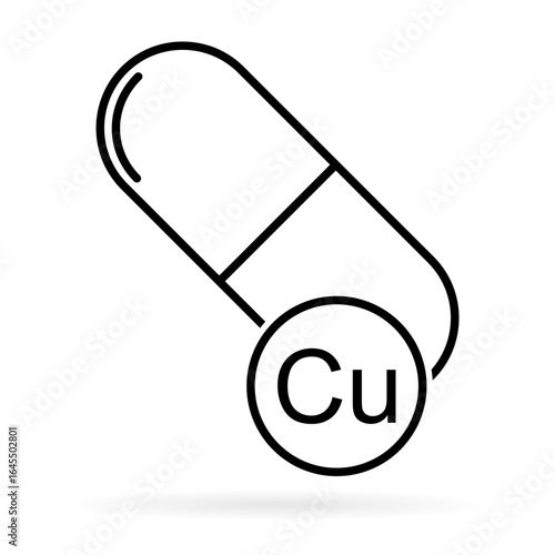 Mineral Cu icon shadow, healthy medicine pill supplement symbol, complex vitamin vector illustration .