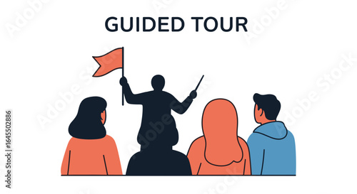 Illustration of a guided tour with a flag and stick and a group of people listening attentively
