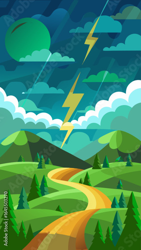 A drawing of a stormy sky with lightning bolts and trees. Scene is tense and dramatic