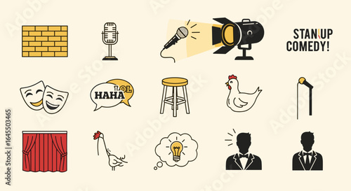 Illustration of stand up comedy elements including microphone spotlight and comedy masks on beige background