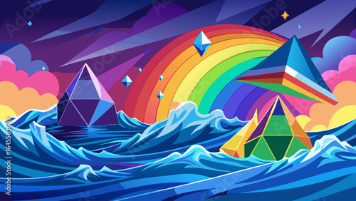 A colorful mountain with a rainbow on it is floating in the ocean. The sky is filled with stars and a comet is visible