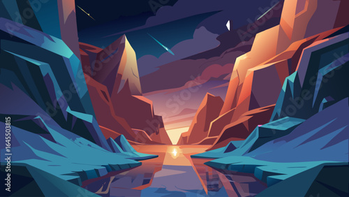 A mountain range with a river running through it. The sky is dark and cloudy. The mountains are rocky and the river is calm