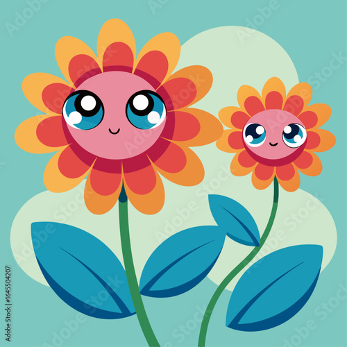 A cartoon drawing of three red flowers with big eyes and smiling faces. The flowers are in a field with green grass and a blue sky. Scene is cheerful and playful