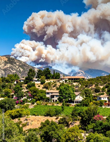 Hillside homes under a large plume of wildfire smoke against a bright blue sky