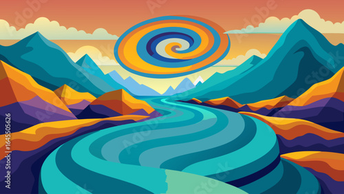 A colorful mountain range with a blue river running through it. The mountains are orange and yellow, and the river is blue. The scene is peaceful and serene, with the mountains