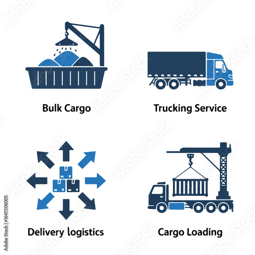 Illustration showing bulk cargo, trucking service, delivery logistics, and cargo loading operations