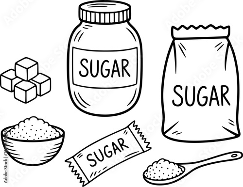 Various sugar presentations including cubes bowl packet jar and spoon vector