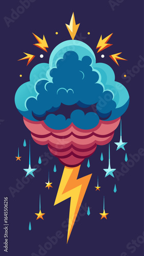 A cartoon drawing of a stormy sky with a lightning bolt and stars. Scene is ominous and foreboding
