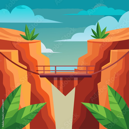 A bridge is shown over a ravine with a lush green plant growing on the side. The bridge is wooden and he is a suspension bridge. The scene is set in a desert, with a clear blue sky above