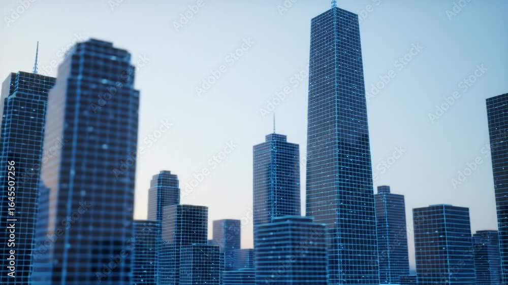 Digital Blue Cityscape With Tall Skyscrapers And Modern Geometric Design Digital Blue Cityscape With Tall Skyscrapers And Modern Geometric Design