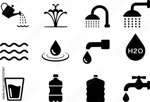 Water related icons including watering can shower faucet bottle and glass liquid