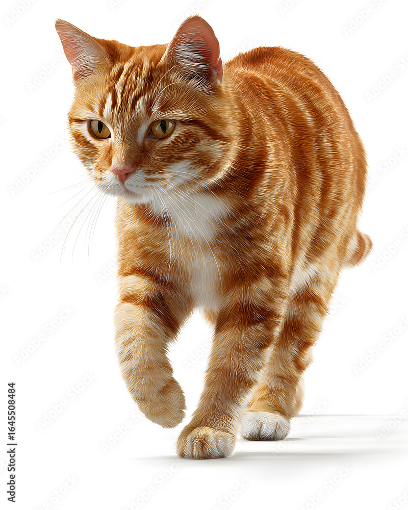 Obraz premium Orange tabby cat walking gracefully, detailed fur texture, isolated on white background.
