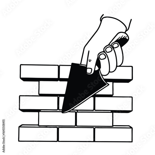 A vector illustration showing the outline of a hand with a trowel engaged in the process of bricklaying and constructing a wall