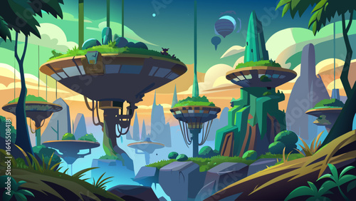 A colorful painting of a futuristic city with a large building in the middle. The city is surrounded by trees and a body of water. The mood of the painting is bright and imaginative