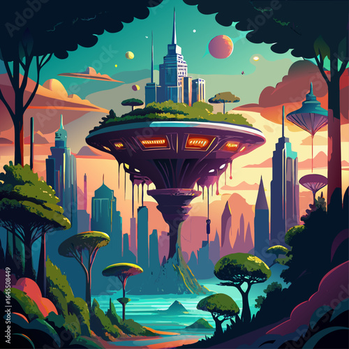 A colorful painting of a futuristic city with a large building in the middle. The city is surrounded by trees and a body of water. The mood of the painting is bright and imaginative