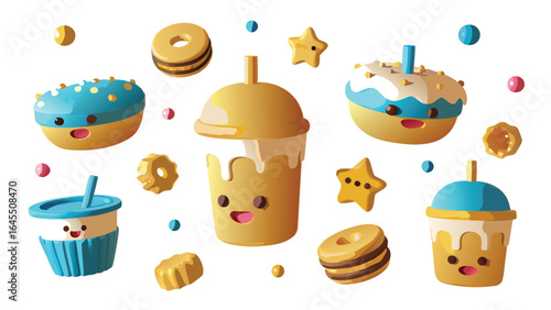 Illustration of assorted kawaii desserts including donuts drinks and star shaped treats on a white background