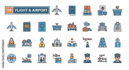 Collection of colorful flat icons depicting various elements of flight and airport operations.