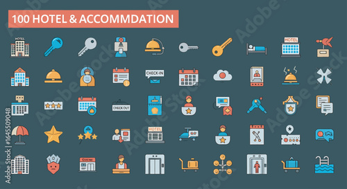 Collection of flat design icons representing hotel and accommodation services.