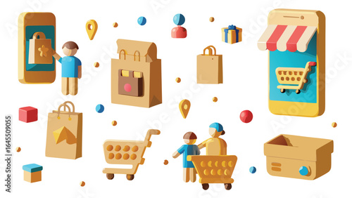 Illustration of online shopping theme with phone, bags, carts, gift, people and boxes in cartoon style