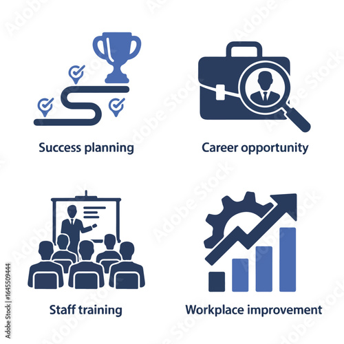 Four business icons showing success planning career opportunity staff training and workplace improvement