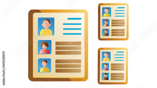 Illustration of three profile documents with headshots and text lines on a white background view