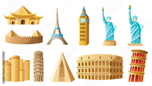 Illustration showcasing famous landmarks including the eiffel tower and the statue of liberty and more sites