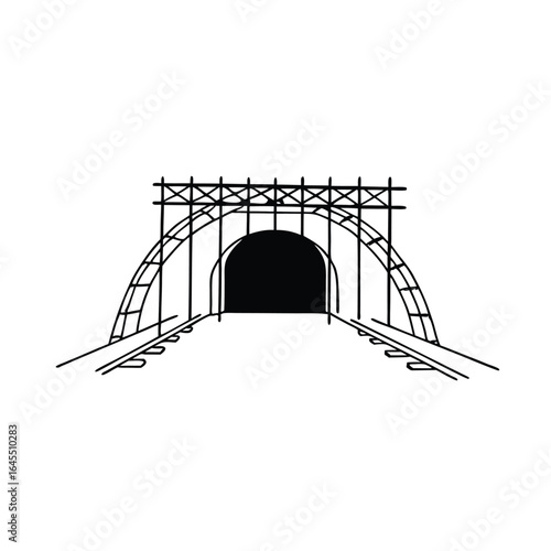 Simple black line outline of a railroad tunnel under construction, vector icon of an archway for transport and architecture.