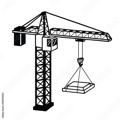 Outline illustration of a tower crane lifting a concrete block. Vector drawing for construction and building industry concepts.