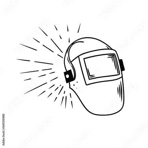 Simple outline of a welding mask and sparks. Black line drawing representing a welder's safety helmet and industrial work.