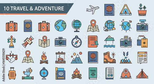 Colorful travel and adventure icons;  globe, passport, plane, tent, compass, map, camera.
