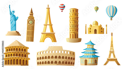 Illustration of famous landmarks including eiffel tower and statue of liberty with hot air balloons