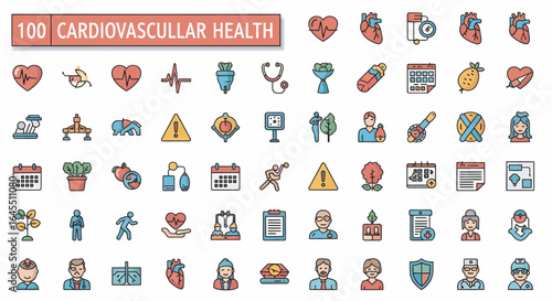 Collection of colorful, outlined icons representing cardiovascular health concepts.