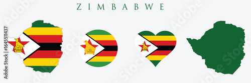 Zimbabwe flag and map set. Zimbabwe flag in official colours and proportions. independence day 18 April , map, circle and heart shaped Zimbabwe.
